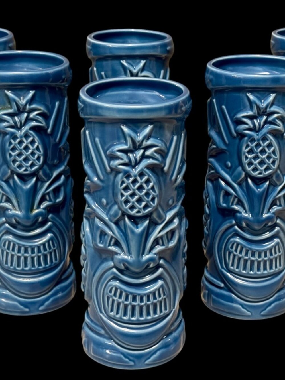 Tommy Bahama Blue Rum Tiki Ceramic Cocktail Glasses/Mugs 7” Tall Set of 6 - EUC